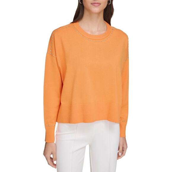 DKNY Orange Blossom Crewneck Stud Trim Split Hem Oversized Sweater Large NWT - Picture 1 of 13
